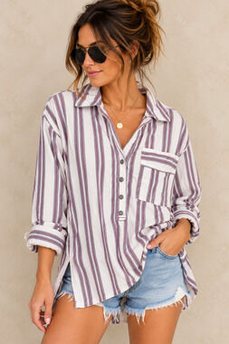 Free People We The Free Striped Henley Pullover Shirt Purple Gray Small